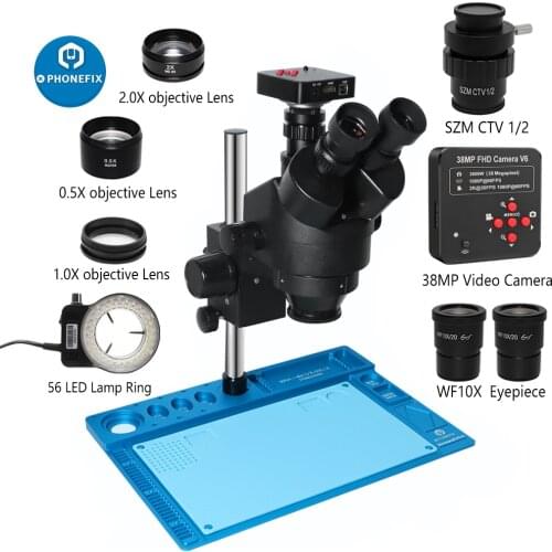 3.5X-90X Simul-Focal Adjustment Trinocular Zoom Stereo Microscope + 56 led ring light working aliuminum pad 38MP VGA HDMI Camera