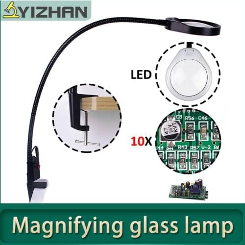 10X magnifying glass with led light table lamp glasses magnifier pendant loupe soldering helping hands magnification binoculars