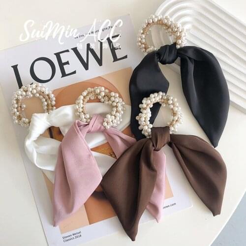 Fashion Pearl Hair Circle Temperament Satin Bow Womens Tie Ponytail Holder Hair Rope Elastic Hairbands Rubber Band Headdress