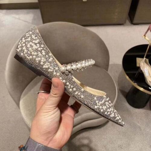 Womens Spring Flats Rhinestone Pearl Beaded Strap Dress Shoes Ladies Elegant Simple Zapatillas Mujer