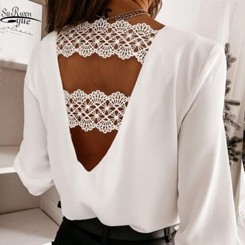 2021 Sexy Autumn Winter Long-sleeved Shirt V-neck Chic Back Pullover Blouse V-shaped Hollow Lace Stitching Fashion Blouses 12460