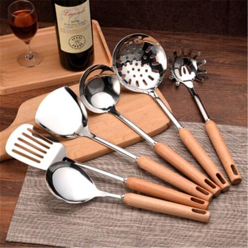4/6/7 Stainless Steel Kitchen Utensils Wood Handle Cooking Tool Sets Turner Soup Rice Spoon Pasta Server Strainer Kitchenware
