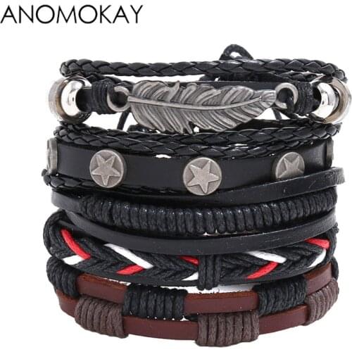 5 Pcs/Set Anomokay Leaf Pentagram Vintage Leather Strap Bracelet Set Handmade Braid Rope Punk Bracelet Mens Jewelry Gift