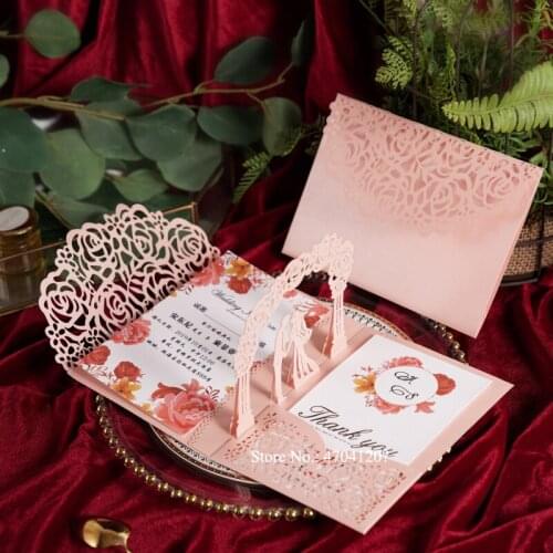 50PC/Lot Pink Pop-Up Wedding Party Invitations Luxury Shimmer Laser Cut Custom Print Greeting Card For Anniversary Bridal Invite
