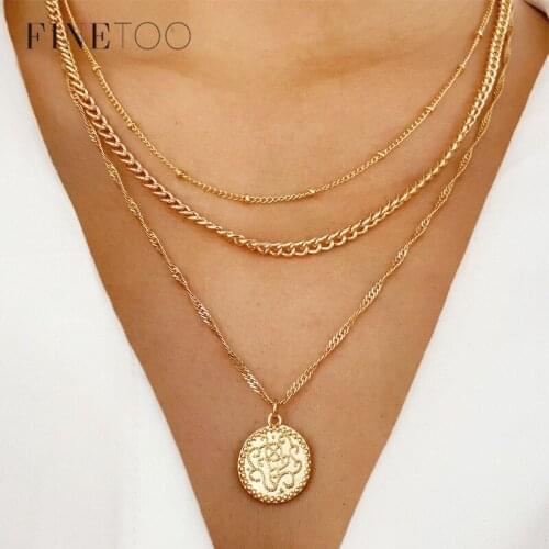 Bohemian Multi Layered Curb Twist Chain Necklace Choker Vintage Engraved Coin Pendant Necklace for Women Statement Punk Jewelry