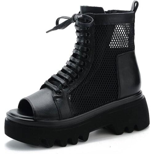 Air Mesh Summer Boots Female High Wedges Platform Comfortable Cowhide Leather Luxury Sandals Zipper Open Wearing Fashion 2021