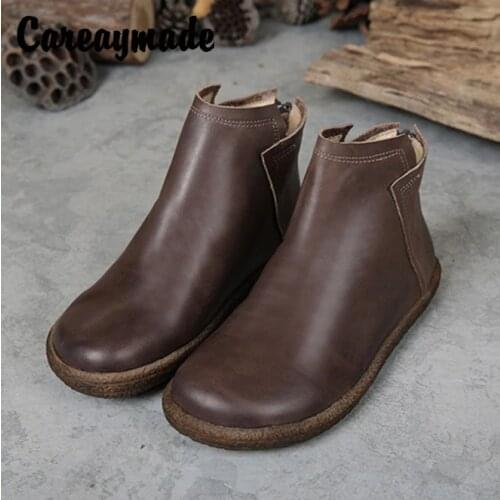 Careaymade-Womens new cowhide Martin boots,pure handmade flat-bottomed round-headed single boots, retro leisure boots