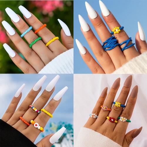 Docona Simple Colorful Small Flower Ring Sets for Women ins Wind Handmade Weave Seed Beaded Rings Jewelry Anillos 5Pcs/set 16098