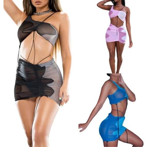 2 Pieces Swimming Suit Set Female One Shoulder Sleeveless Crop Tops+ Package Hip Skirt with Drawstring Summer Swimwear