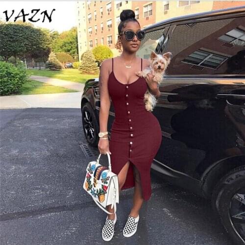 VAZN 2018 Hot Fashion Top Design Sexy Style Women Dress Solid V-Neck Sleeveless Bodycon Midi Dress Vestido D8037