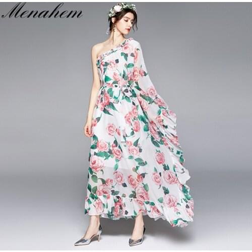Menahem Fashion Designer Maxi Dress Womens Off Shoulder Ruffles Sleeve Loose Elegant Rose Floral Print Oversized Long Dress