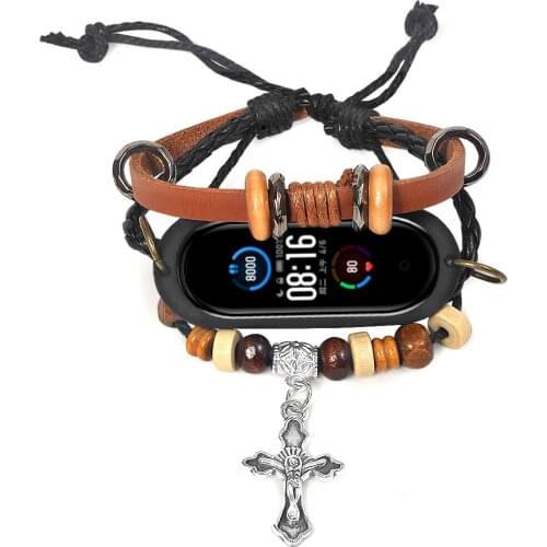 Layer Punk Style Bracelet Leather Strap Nylon Jewelry Clasp Silver Steel Metal Band for Xiaomi Mi Band 5 4 3