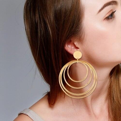 Fashion Geometric Multilayer Alloy Earring For Women Exaggeration Hollow Size Circle Long Earrings Jewelry Wholesale