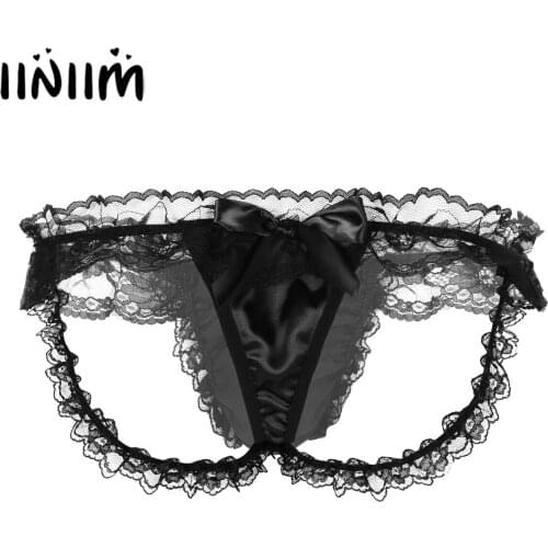 Iiniim Mens Sissy Lingerie Panties Gay Jockstraps Pouch T-back Frilly Ruffled Lace Bikini Thong Briefs Crossdress Sexy Underwear