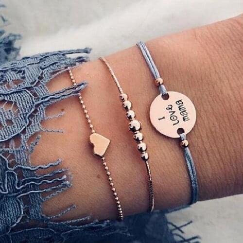 Bracelets set 3pcs package bead heart round disc accessory carving I love mama rope bead chain gold color plated