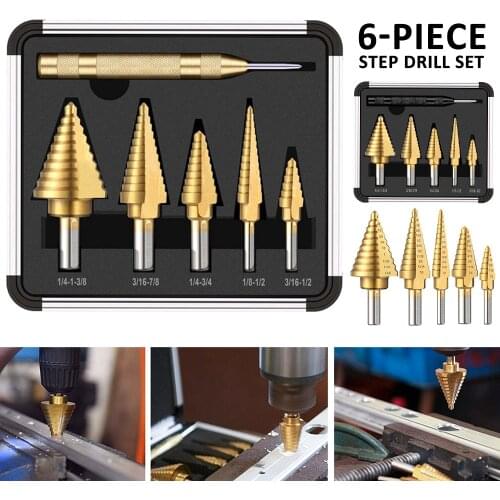 6pcs HSS Straight Groove Step Drill Bit Set Titanium Coated Wood Metal Hole Cutter Core Drill Bit Set