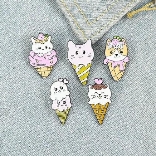 Creative Cartoon Exquisite Jewelry Brooches Lapel Pins Girl Cat Ice Cream Brooch for Women Strawberry Love Cone Badges Corsage