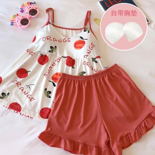 Summer New Sweet Print Fashion Women Pajamas With Chest Pad Milk Silk Sleepwear