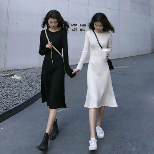 Korean Womens Dresses 2021 Spring Winter Girlfriends Outfit Slim Long Base Dress Long-Sleeved Knitted Solid Color Vestidos Lady