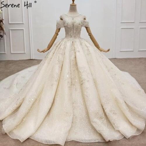 Luxury Short Sleeves Plus Size Wedding Dresses 2020 Champagne O-Neck Sparkle Sequins Beading Bridal Gowns BHX0163 Couture Dress