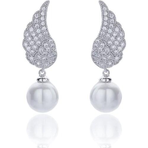 Pearl Cubic Zircon Drop Earrings for Wedding, Crystals Wing Earring for Bride, Women Girl Gift CE10538