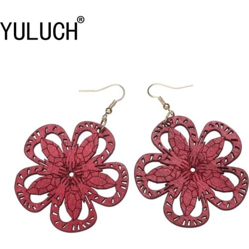 YULUCH Natural Wood Petals Three Colors Pendant Earrings for Woman Valentines Day Gift Girl Elegant Jewelry