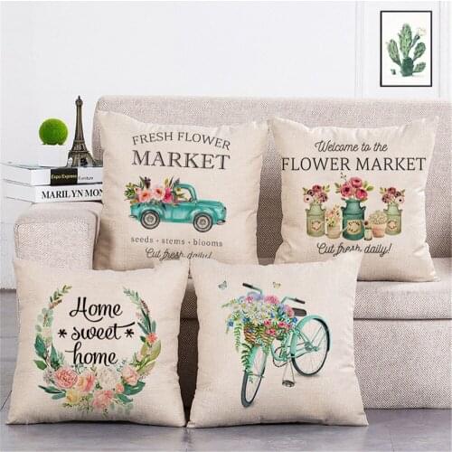 Blue home sweet home fresh flower market Printed Cushion Cover Linen Throw Pillow Car Home Decoration Decorative Pillowcase T462