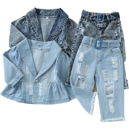 Toddlers Spring Autumn 2Pcs Tracksuits, Denim Lapel Long Sleeves Button Coat + Frayed Ripped Jeans with Belt for Girls, 1-5Years