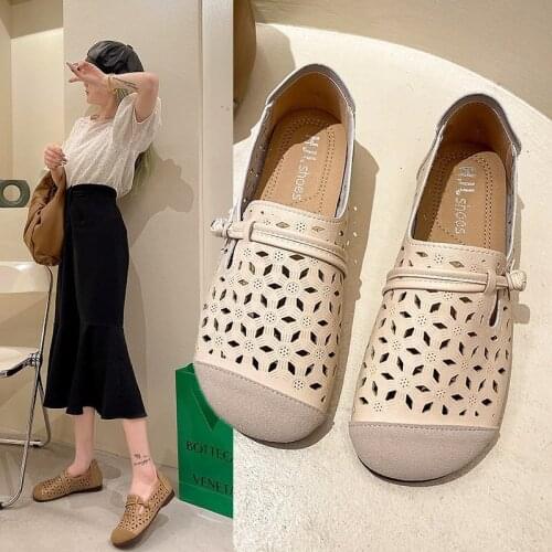 Womens Flat Shoes Summer New Womens Square Toe Hollow Comfortable Lightweight Low Heel Casual Shoes