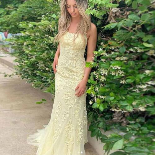 Yellow Mermaid / Trumpet Net/Tulle Spaghetti strap Sweep/Brush Floor length Applique Sleeveless Banbage Evening Dresses