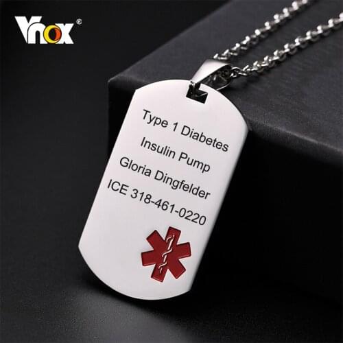 Vnox Personalized Engrave Diease Names ICE Info Medical Necklaces,Stainless Steel Dog Tag ID Pendants,Custom Health Accessory