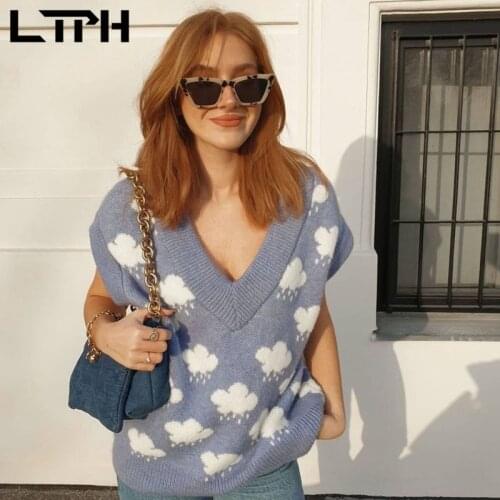 LTPH vintage cloud jacquard knit top sleeveless sweater vest loose V-neck sweet Streetwear casual women sweaters 2021 autumn new