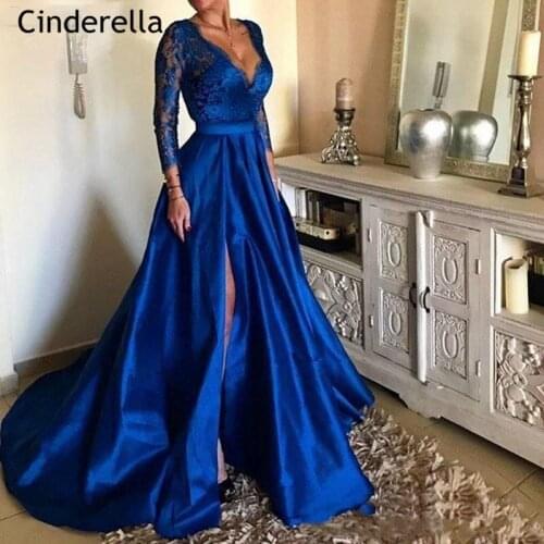 Cinderella Royal Blue V-Neck Long Sleeves Lace Applique Evening Dresses Zipper Back Satin Pleated vestidos de fiesta de noche