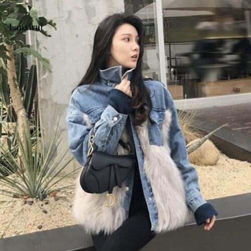 Patchwork Denim Coat For Women Lapel Fur Long Sleeve Vintage Loose Elegant Coats Female Fashion Clothing New Style