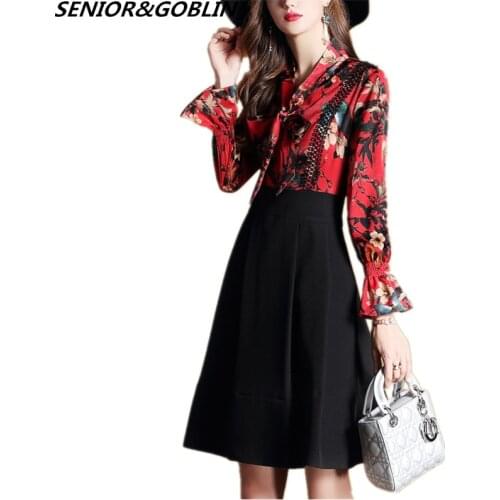 2019 Spring Office Long Sleeve Bow Collar Dress WomenFashion Shirt Floral Print Lace Patchwork Vintage Party Elegant Dresses