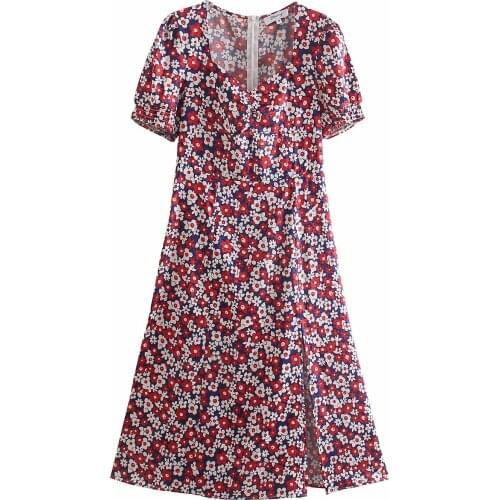 New Women Vogue Floral Printed Slim Waist Side Slit Midi Dress Short Sleeve Back Zipper Vintage Female Dresses Woman Robe