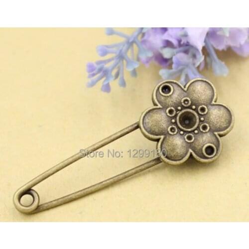 10pcs/lot Alloy Antique Bronze Vintage Flower Brooch Safety Pins For Garment Accessories Scarf Clip pins Length:54mm (K02070)