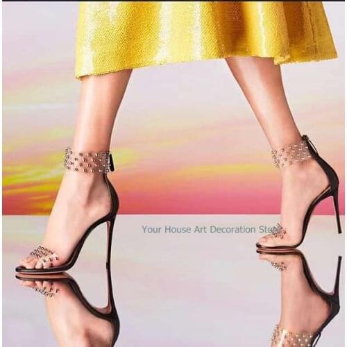2021 Sexy Woman Rivet Decoration Thin High Heel Sandals Transparent Pu Back Zipper Female Party Shoes