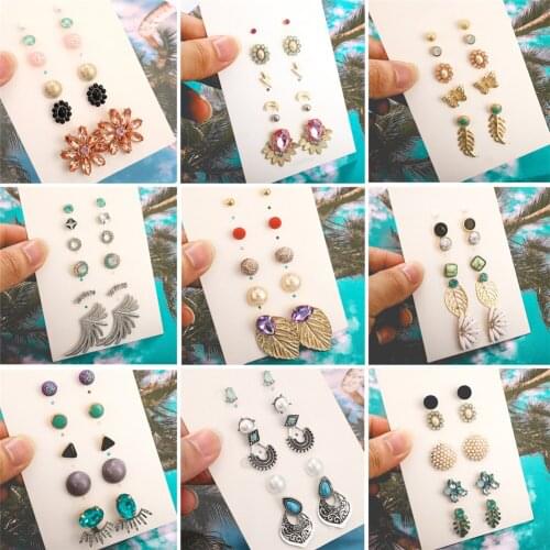 5 Pairs/Set 6 pairs/sets Womens Pearl Flower Crystal Studs Earrings Girls Vintage Elegant Flower Leaves Triangular Jewelry Gift