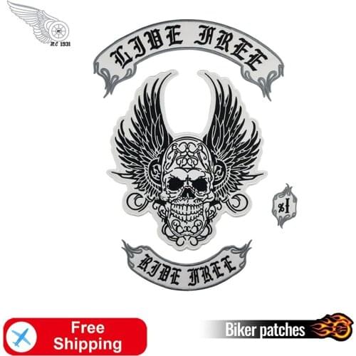 Live Free Ride Skull Embroidery Patches Big Biker Back MC Motorcycle Patch Iron on for Cloth Leather Vest Rider Stripe Badges
