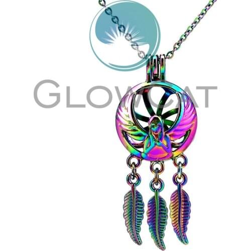 CC822 Rainbow Fairy Dream Catcher Feather Beads Cage Pendant Essential Oil Diffuser Aromatherapy Pearl Cage Locket Necklace