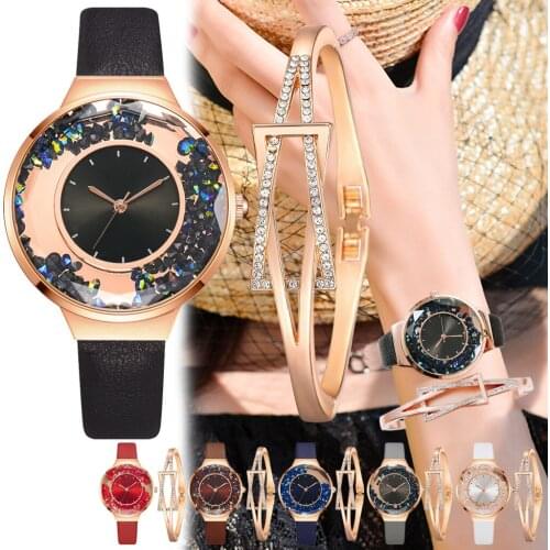 Ladies Bracelet Watch Set Round Glass Quicksand Stone Dial Watch Ladies Elegant Bracelet Watch Set Valentines Day Gift часы 6