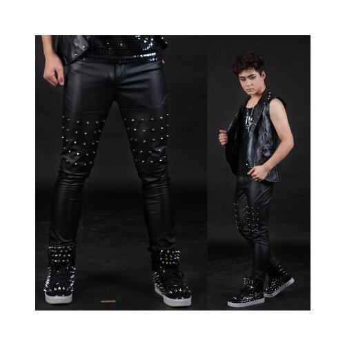 Black fashion rivet leather pants men hip-hop 1 pants man singer stage leather trousers splice mens pants Provide custom