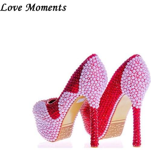 Wine red Womens crystal Wedding shoes white pearl bride dress shoes woman wedding Platform shoes High heels rhinestone shoes