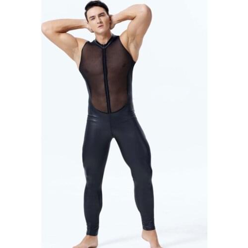 Men Sheer Mesh Patchwork Bodysuit PU Faux Leather Bodysuit See Through Bandage Leotard Gay Wear Sexy Tight Jumpsuit Fitness F41