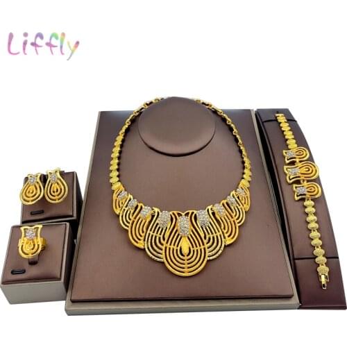 Liffly Indian Party Jewelry Sets Women Gold Necklace Bracelet Earrings Ring Jewelry Elegant Bridal Luxury Jewelry Set