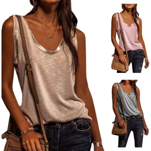Women Thin Wild Solid Camis Vest Summer Sexy Elegent Tank Tops Lady Sleeveless O Neck Loose Blouse Gold Stamping Neckline Tops