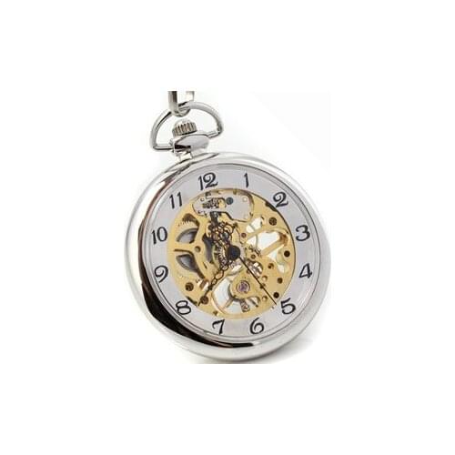 DHL Shipping Silver No Cover Skeleton Mechanical Pocket Watch with Chain Men Women Pocket Watches Wholesale