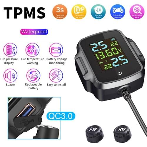 Motorcycle TPMS Motorbike Tire Pressure Monitoring System Tyre Temperature Alarm System QC 3.0 Phone Charging USB Power Bank