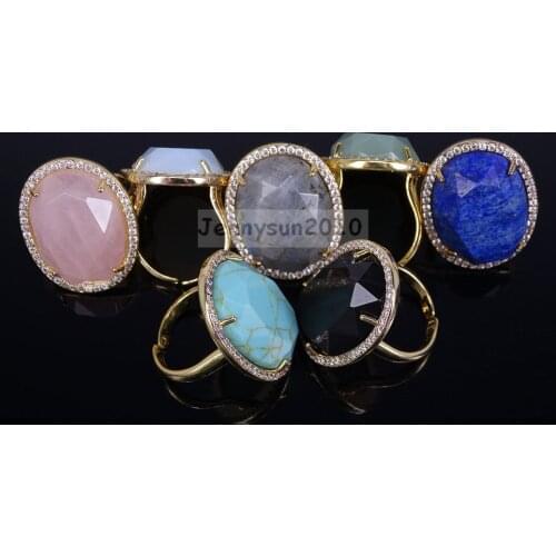 Natural Gems Stones Faceted Oval Beads Adjustable Gold Rhinestone Ring Jewelry 10Pcs/Pack